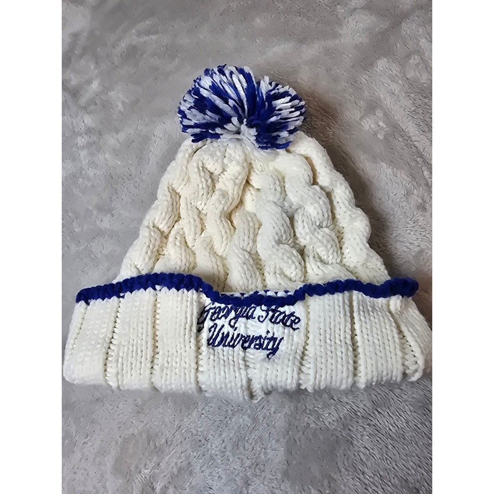Adidas Georgia State University Beanie Knit Hat Womens Winter Cap Blue White Pom